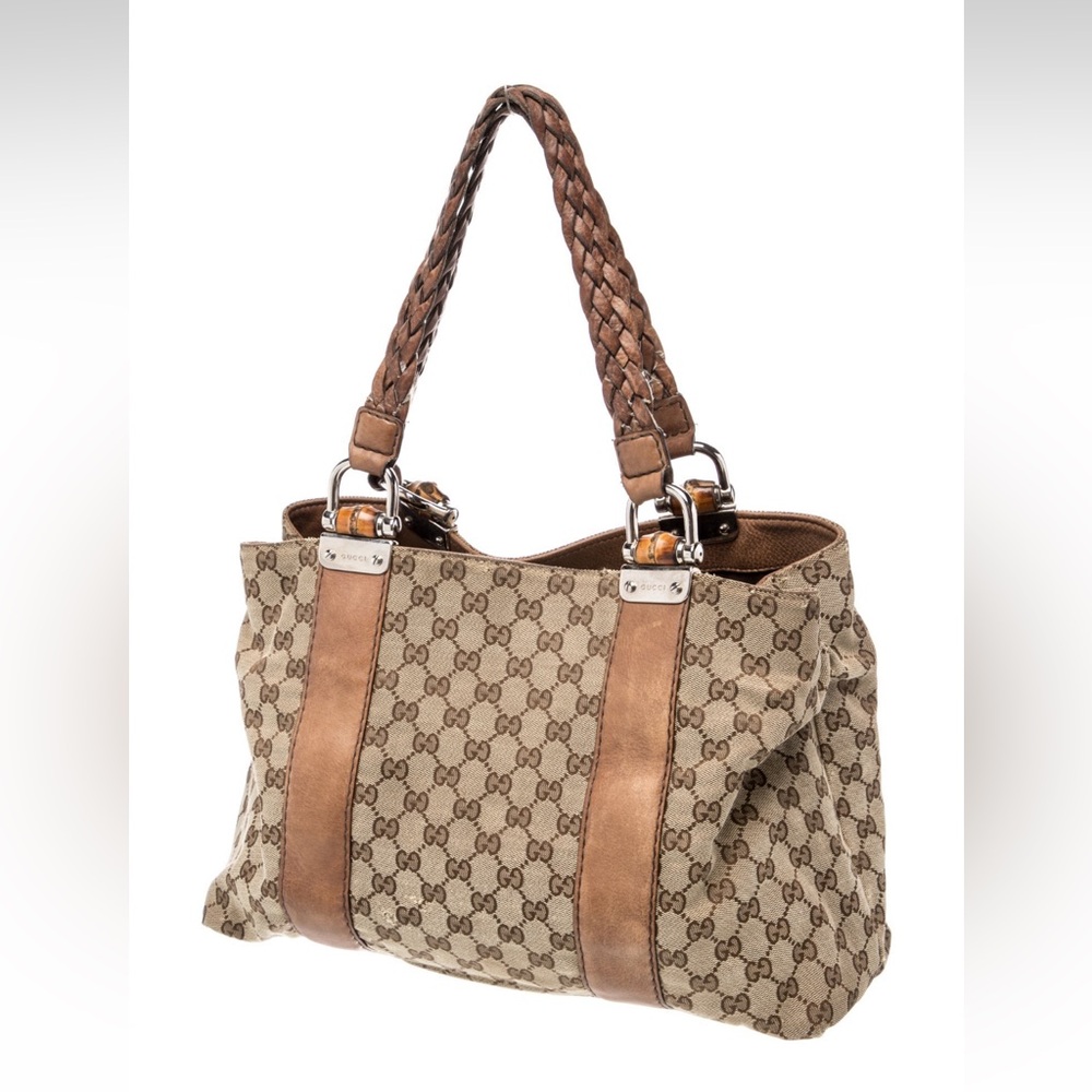 Gucci Brown/Beige GG Canvas Shoulder Bag with Braided Handles - Picture 3 of 3